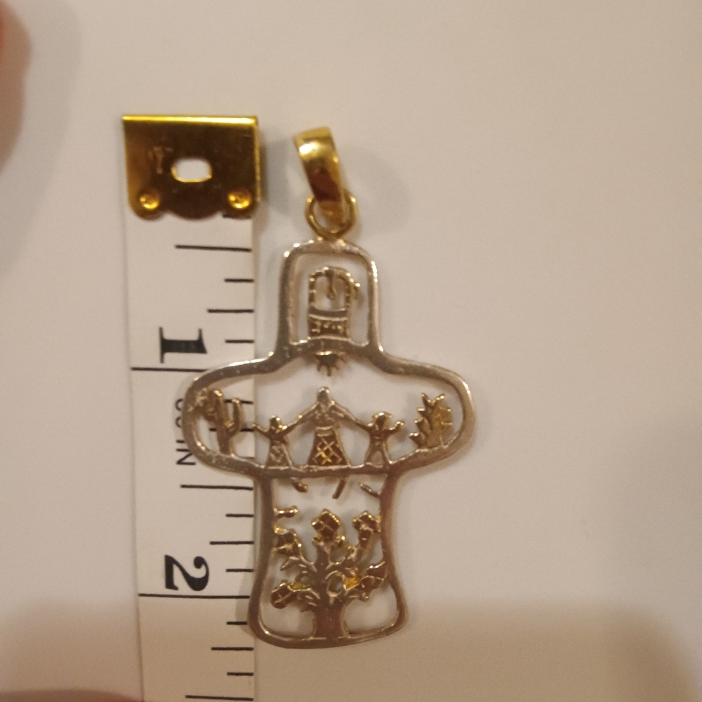 Vintage Sterling Silver Tree Of Life Cross Pendant Silver & YGP Lg 2.25" 4gm - Picture 6 of 7